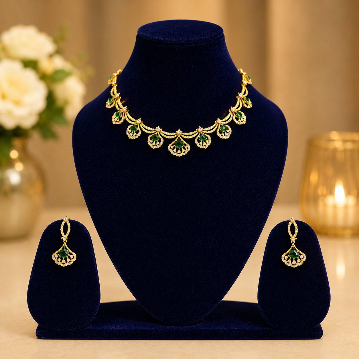 NERONI Emerald Fan Drop Choker Set – Elegant Minimal Gold Plated Jewellery