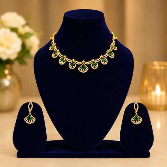 NERONI Emerald Fan Drop Choker Set – Elegant Minimal Gold Plated Jewellery