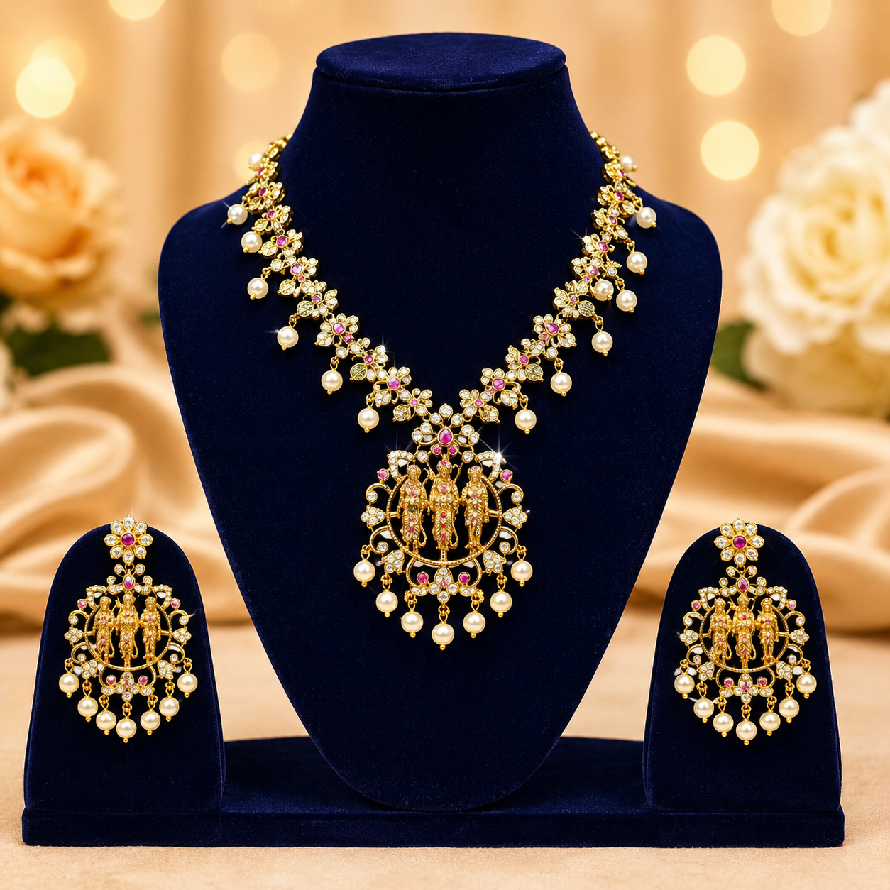 NERONI Divine Rama Darbar Temple Necklace Set – Antique Gold Plated Pearl Jewellery