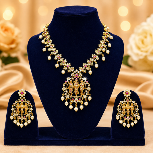 NERONI Divine Rama Darbar Temple Necklace Set – Antique Gold Plated Pearl Jewellery