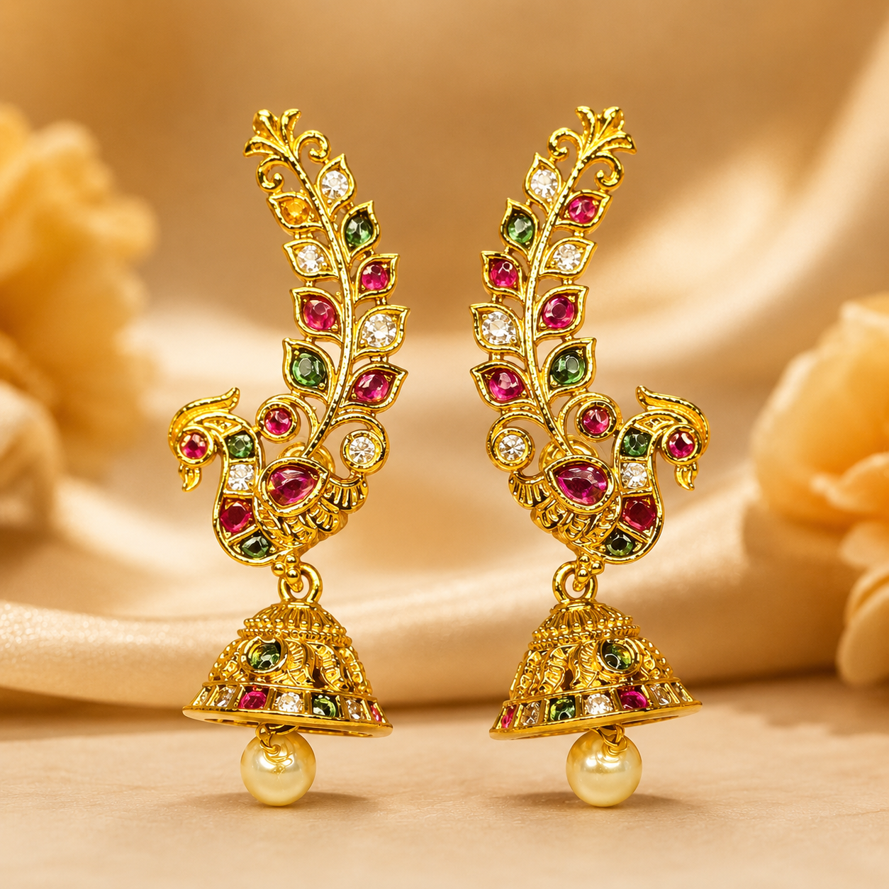 NERONI Peacock Jhumka Earrings – Antique Gold Finish with Ruby & Emerald Stones