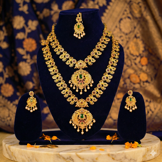 NERONI Grand Temple Double-Layer Combo Set – Gold-Plated Emerald Stone Haram with Earrings & Maang Tikka