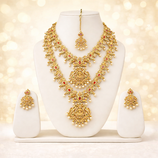 NERONI Royal Heritage Multi-Layer Temple Combo Set – Gold-Plated Ruby Stone Haram with Earrings & Maang Tikka