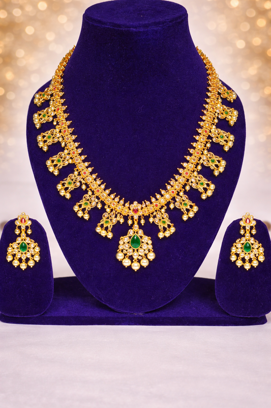 NERONI Gold-Plated Ruby & Emerald CZ Pearl Long Necklace Set – Royal Bridal Design