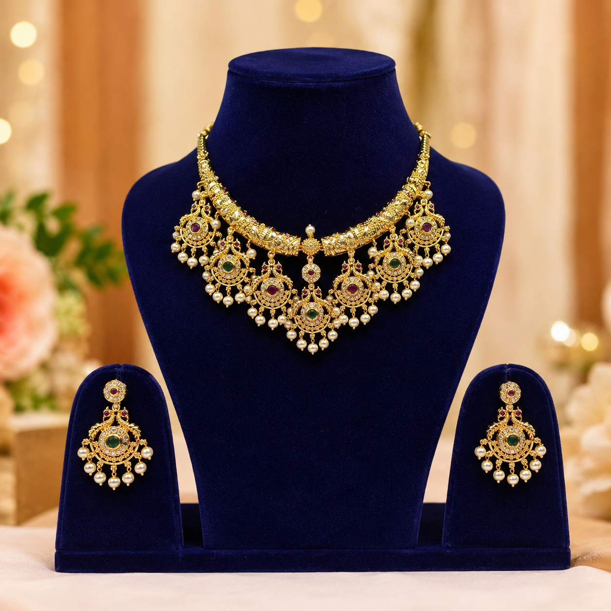 NERONI Antique Peacock Chandbali Necklace Set – Gold Plated Ruby Emerald Pearl Jewellery