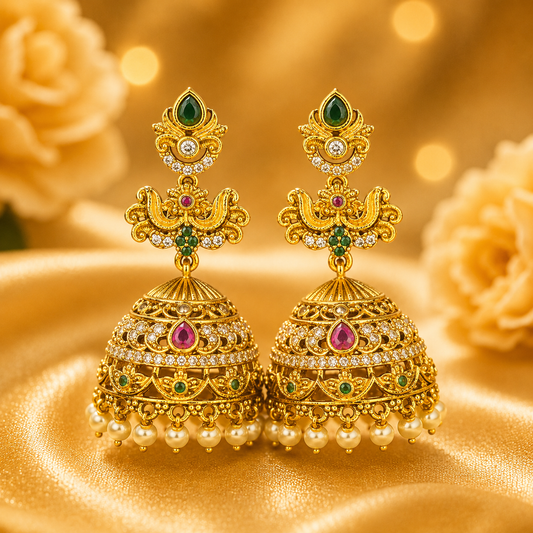 NERONI Antique Gold Plated Temple Jhumka Earrings with Pearl Drops