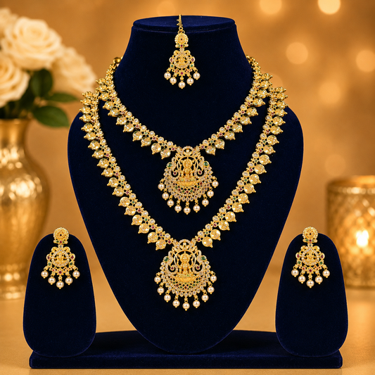 NERONI Lakshmi Temple Bridal Haram ComboSet – Dual Layer Gold Finish Jewellery with Maang Tikka