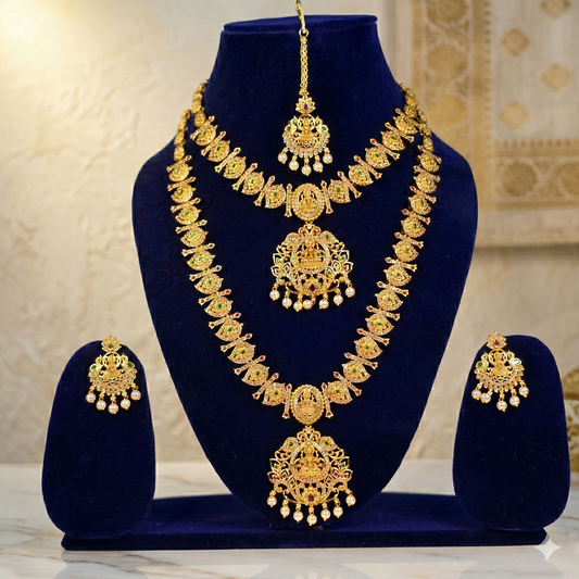 NERONI Divine Lakshmi Temple Double-Layer Combo Set – Gold-Plated Haram with Earrings & Maang Tikka