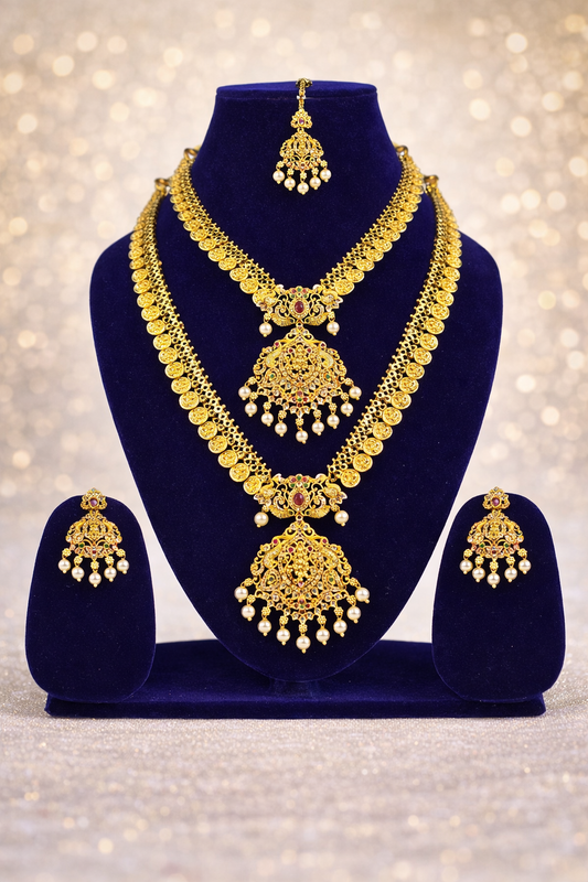 NERONI Royal Double-Layer Temple Combo Set – Gold-Plated Haram with Earrings & Maang Tikka