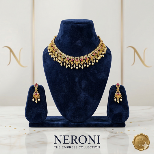 NERONI Ruby Pearl Choker Necklace Set – Gold-Plated Traditional CZ Choker with Earrings