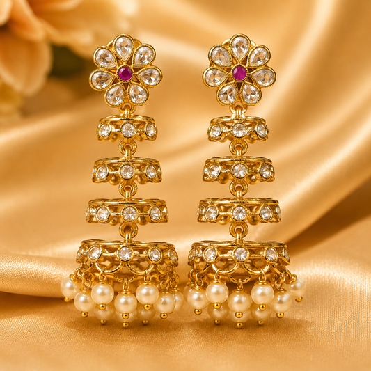 NERONI Floral Pearl Drop Jhumka Earrings – Gold Finish Stone Studded Earrings