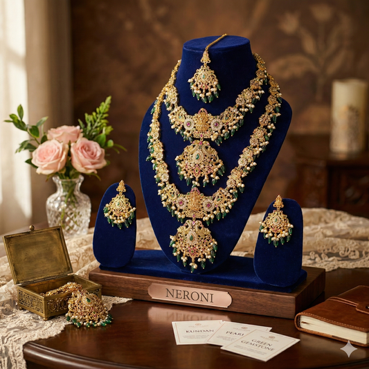 NERONI Grand Temple Layered Combo Set – Gold-Plated Haram with Malachite Green Beads, Earrings & Maang Tikka