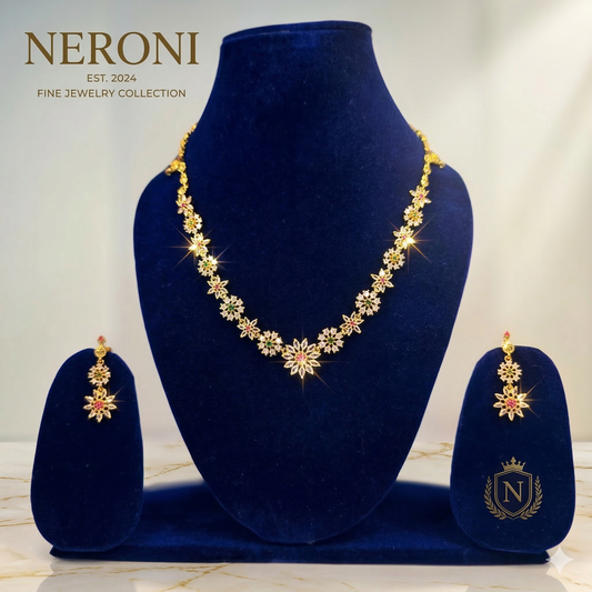NERONI Floral CZ Necklace Set – Gold Plated Elegant Flower Design Jewellery with Earrings