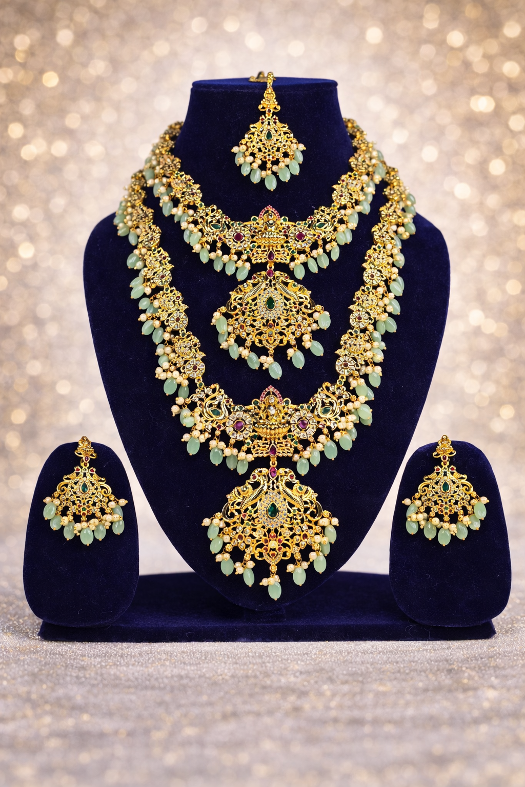 NERONI Grand Temple Layered Combo Set – Gold-Plated Haram with Light Green Beads, Earrings & Maang Tikka