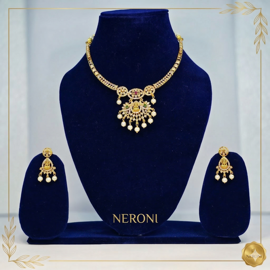 NERONI Temple Lakshmi Pendant Necklace Set – Gold-Plated CZ Necklace with Pearl Drops