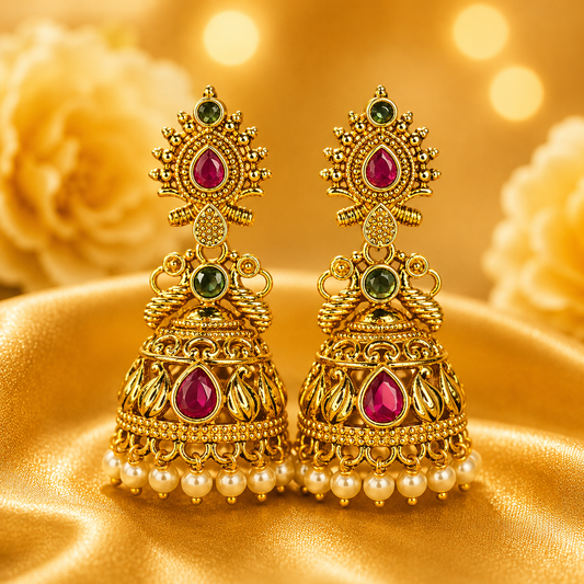 NERONI Antique Ruby & Pearl Designer Jhumka Earrings