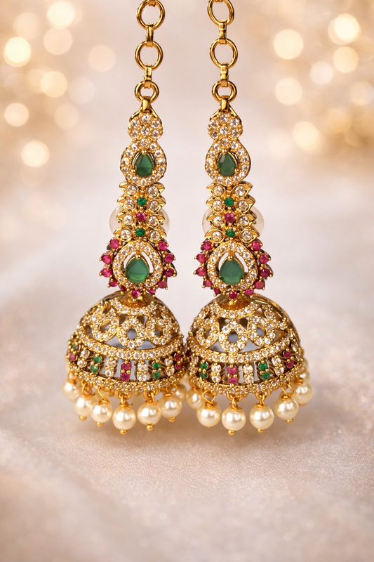NERONI Gold-Plated CZ Stone Bridal Jhumka Earrings with Pearl Drops & Ear Chain