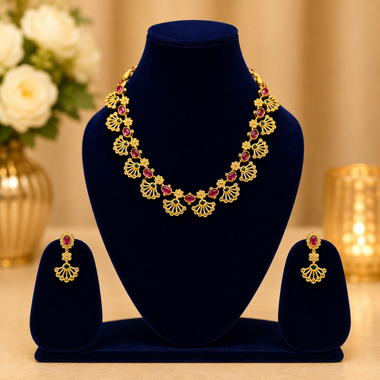 NERONI Ruby Floral Necklace Set – Traditional Gold Plated Jewellery