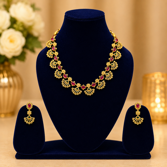 NERONI Ruby Floral Necklace Set – Traditional Gold Plated Jewellery