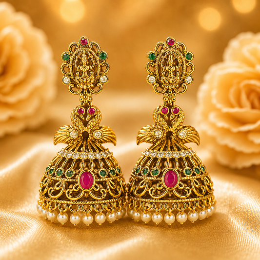 NERONI Antique Lakshmi Temple Jhumka Earrings with Pearl Drops