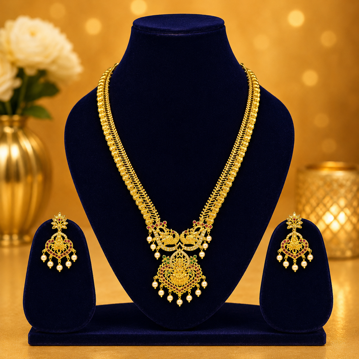 NERONI Lakshmi Temple Long Haram Necklace Set – Traditional Antique Gold Jewellery