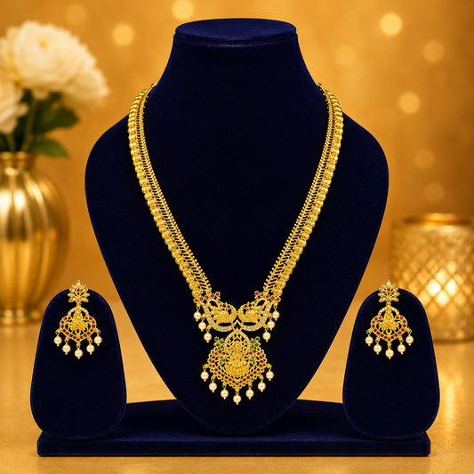 NERONI Lakshmi Temple Long Haram Necklace Set – Traditional Antique Gold Jewellery