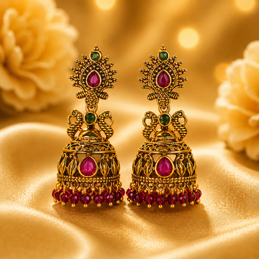 NERONI Antique Ruby Stone Jhumka Earrings with Bead Drops