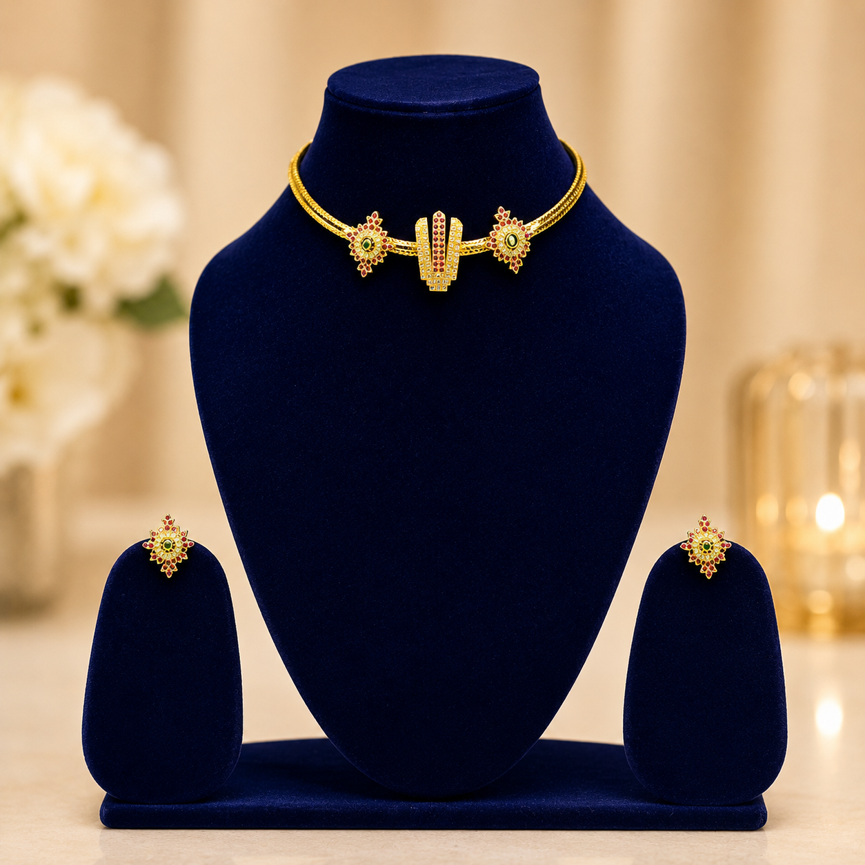 NERONI Minimal Temple Choker Necklace Set – Gold Plated CZ Jewellery