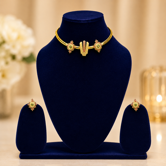 NERONI Minimal Temple Choker Necklace Set – Gold Plated CZ Jewellery