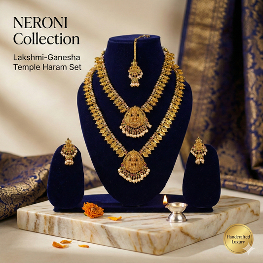 NERONI Traditional Temple Double-Layer Combo Set – Gold-Plated Lakshmi Haram with Earrings & Maang Tikka