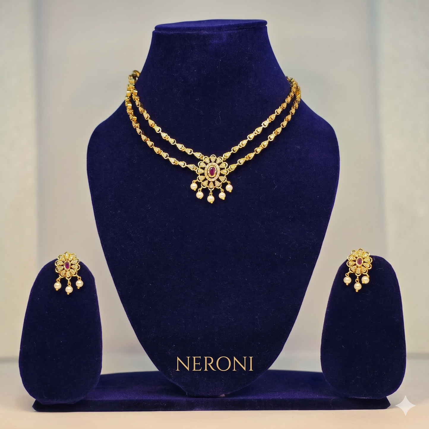 NERONI Ruby Floral Layered Necklace Set – Gold-Plated Double Chain Pendant with Earrings