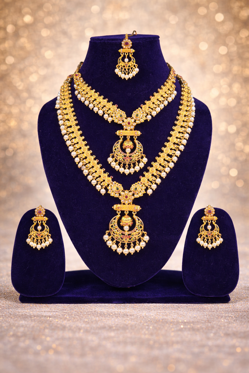 NERONI Grand Layered Combo Set – Gold-Plated Temple Haram with Earrings & Maang Tikka