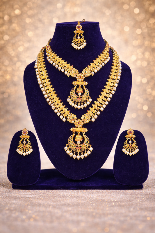 NERONI Grand Layered Combo Set – Gold-Plated Temple Haram with Earrings & Maang Tikka