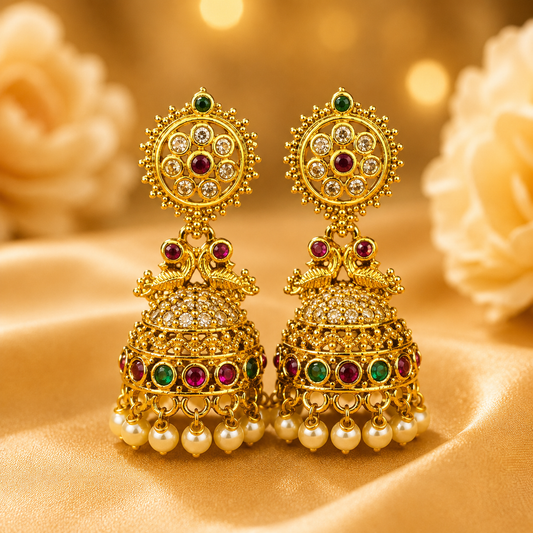 NERONI Traditional Peacock Jhumka Earrings – Gold Finish Pearl Drop Earrings