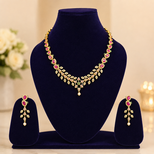 NERONI Ruby Leaf Vine Necklace Set – Gold Plated CZ & Pearl Jewellery