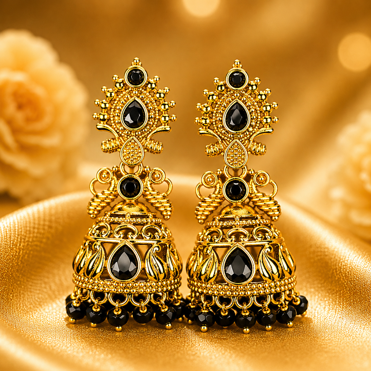 NERONI Antique Black Stone Jhumka Earrings with Bead Drops
