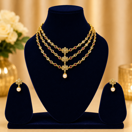 NERONI Layered Pearl Drop Necklace Set – Gold Plated Elegant Jewellery