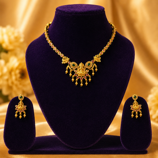 NERONI Temple Lakshmi Choker Necklace Set – Traditional Gold Plated Jewellery
