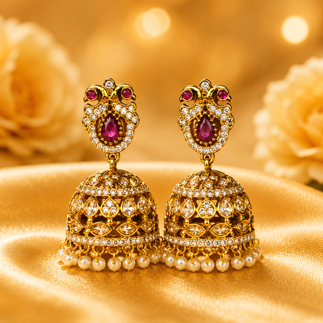 NERONI Antique Gold Crystal Jhumka Earrings with Pearl Drops