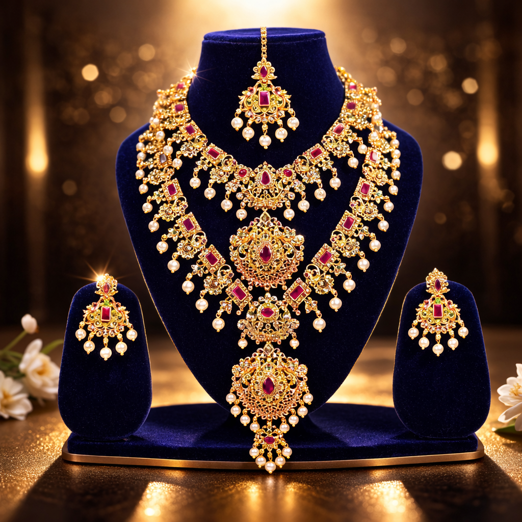 NERONI Grand Triple-Layer Temple Combo Set – Gold-Plated Ruby Stone Haram with Earrings & Maang Tikka