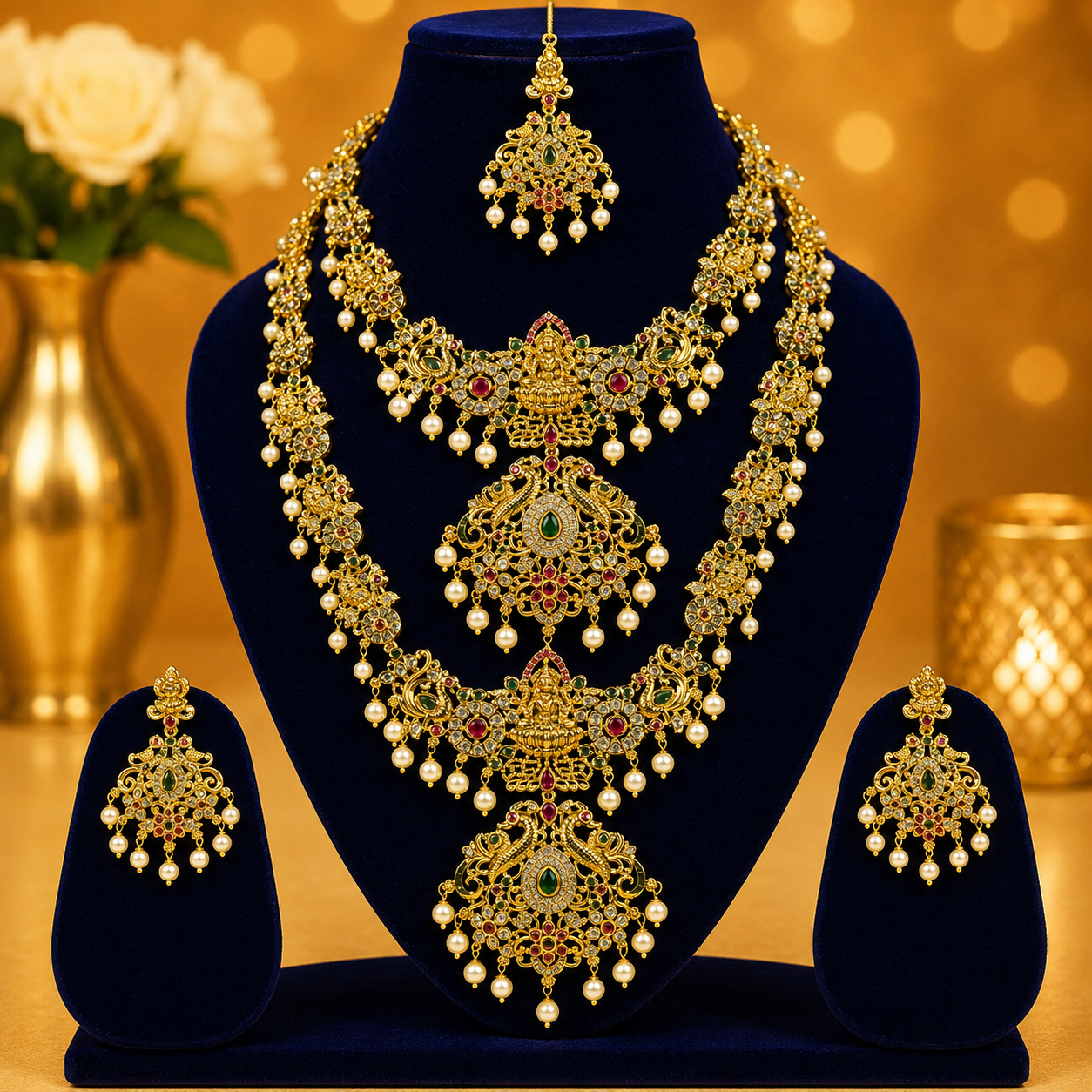NERONI Traditional Temple Floral Necklace Combo Set – Antique Gold Pearl Drop Jewellery