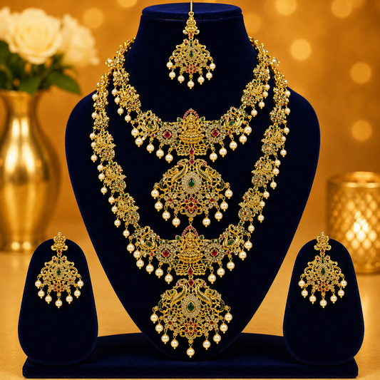 NERONI Traditional Temple Floral Necklace Combo Set – Antique Gold Pearl Drop Jewellery