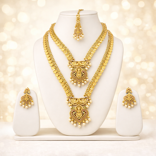 NERONI Royal Twin-Haram Temple Combo Set – Gold-Plated Coin Chain with Ruby Heart Pendants, Earrings & Maang Tikka