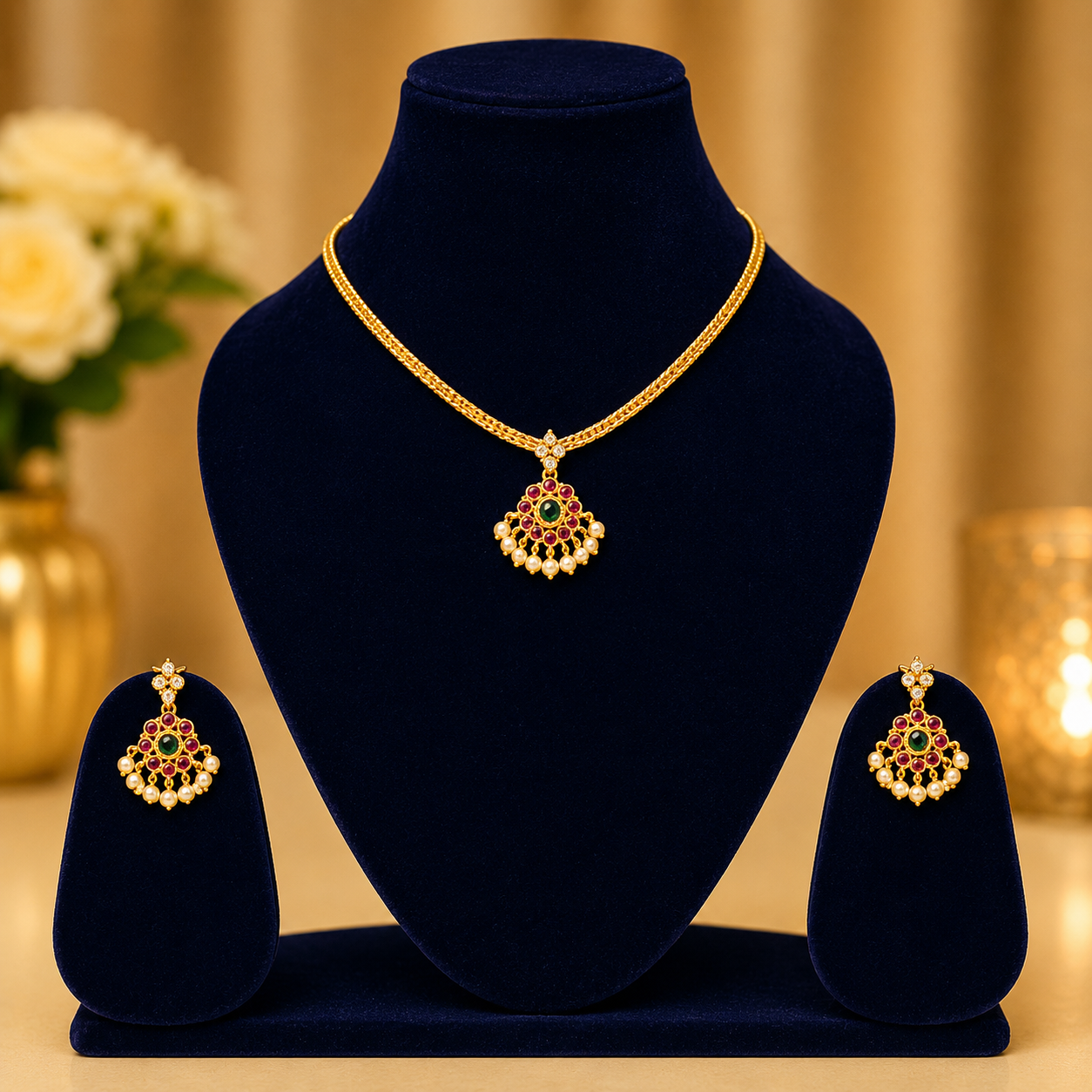 NERONI Traditional Pearl Pendant Necklace Set – Gold Plated Ethnic Jewellery