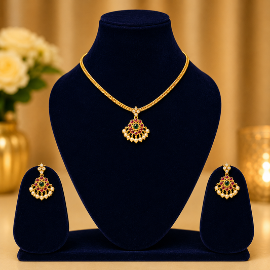 NERONI Traditional Pearl Pendant Necklace Set – Gold Plated Ethnic Jewellery