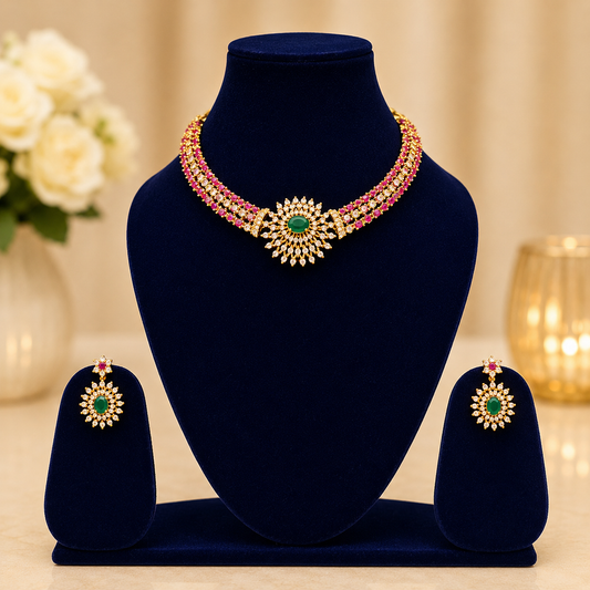 NERONI Royal Ruby Emerald Choker Set – Premium CZ Bridal Jewellery