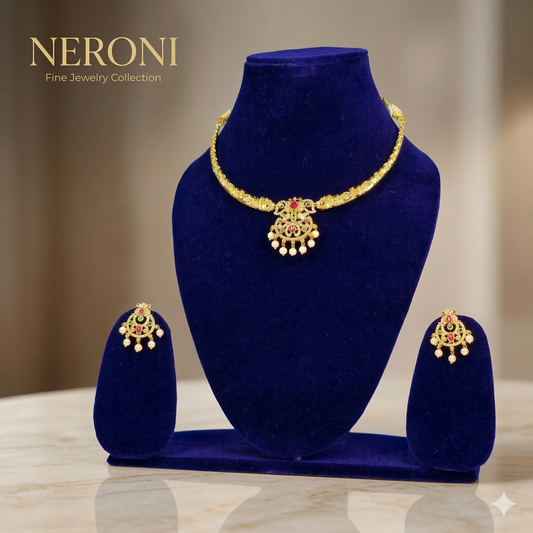 NERONI Antique Ruby & Emerald Temple Necklace Set – Gold Plated Traditional Pearl Drop Jewellery