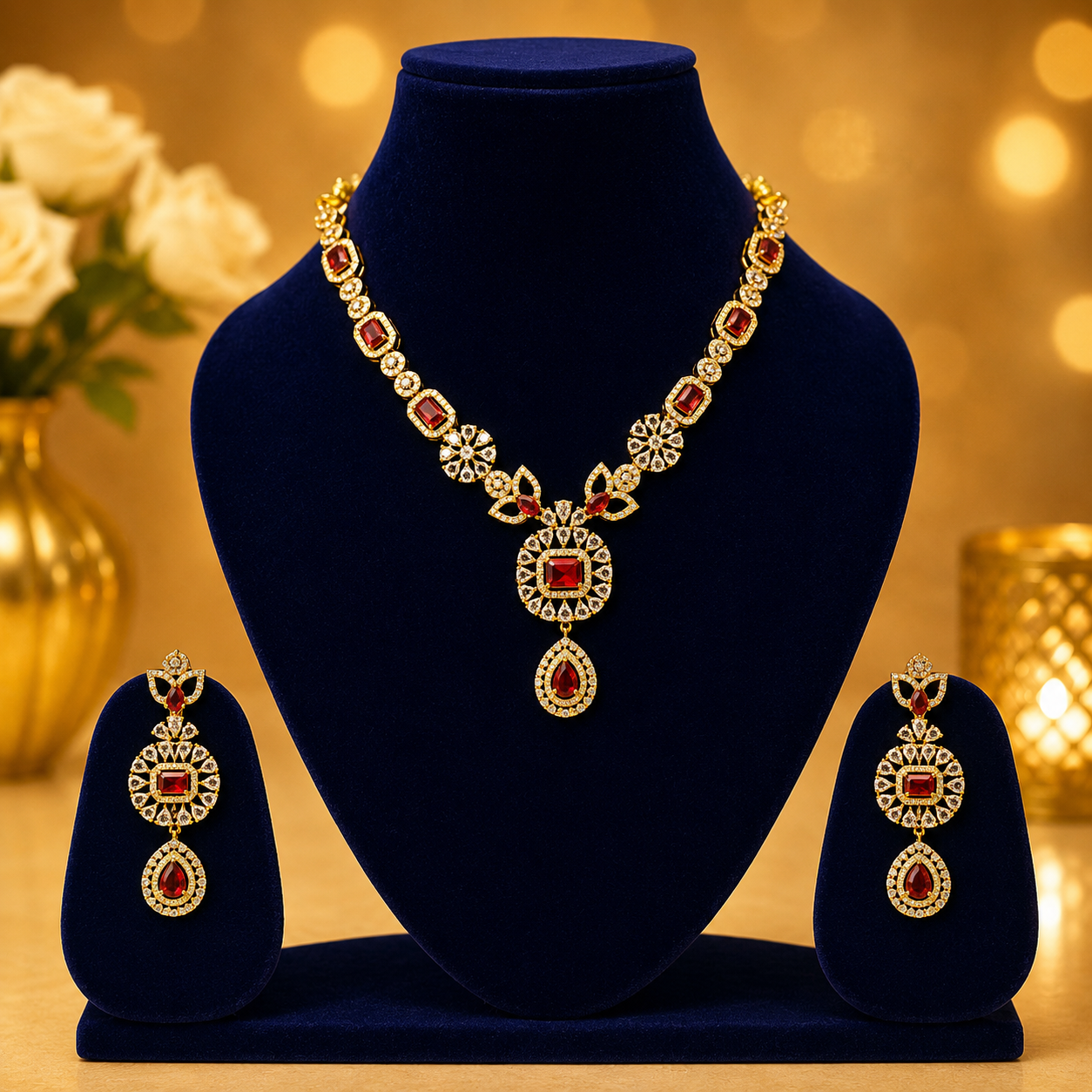 NERONI Royal Ruby Crystal Pendant Necklace Set – Luxury Party Wear Jewellery