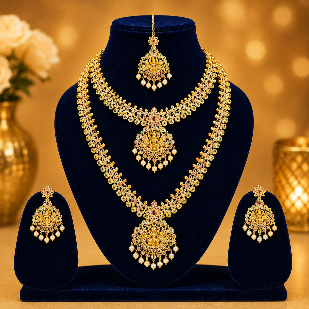NERONI Grand Lakshmi Bridal Haram Combo Set – Dual Layer Temple Jewellery with Maang Tikka