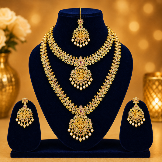 NERONI Grand Lakshmi Bridal Haram Combo Set – Dual Layer Temple Jewellery with Maang Tikka